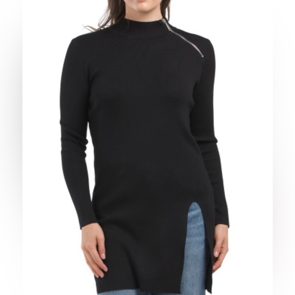 Cable & Gauge Black Mock Neck Zipper Tunic Sweater
